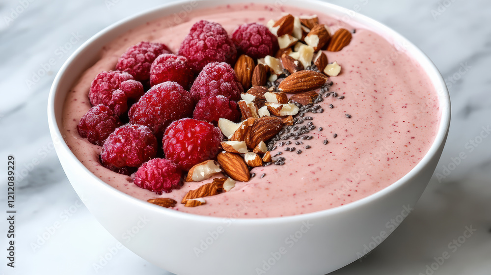 colorful smoothie bowl topped with raspberries, nuts, and seeds colorful smoothie bowl topped with raspberries, nuts, and seeds