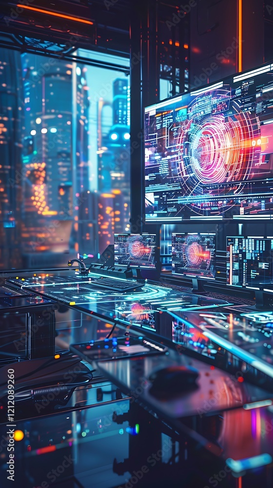 Futuristic Tech Workstation Displays Cyber Data Cityscape View Futuristic Tech Workstation Displays Cyber Data Cityscape View