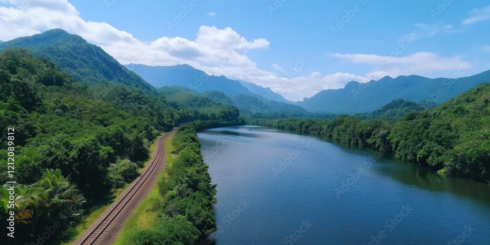 Fototapeta premium A sweeping view of a serene river winding through a dense evergreen forest, with a railway track curving along the edge of the trees