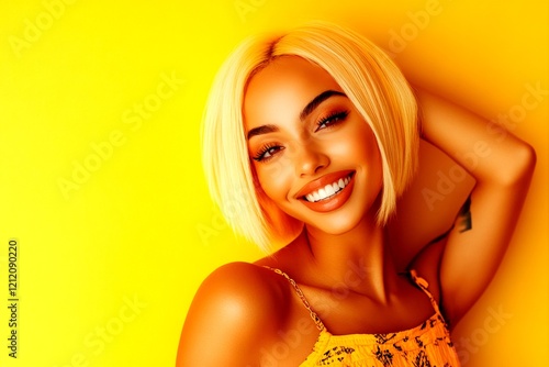 Commercial ad campaign creative visual design. Short haircut - blond hair. Attractive smiling mixed-race girl - for ads, drive poster and internet use. Short hair inspiration. Hair focus ads. photo