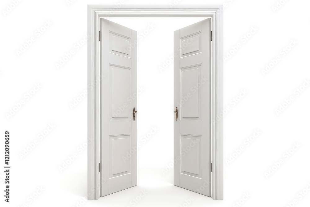 A pair of open white doors inviting exploration and new possibilities. isolated on white background A pair of open white doors inviting exploration and new possibilities. isolated on white background