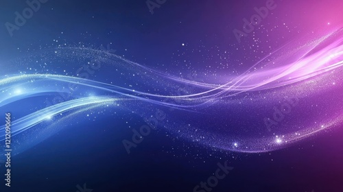 Abstract background featuring flowing waves of light with a dreamy gradient of purple and blue, sparkles, and shimmering particles on a dark backdrop