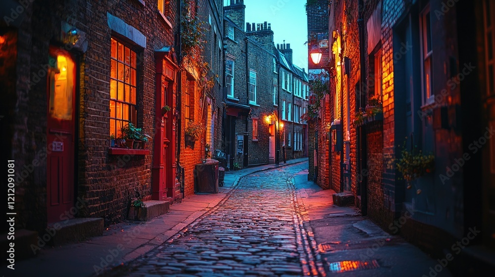 Fototapeta premium Illuminated Cobblestone Alleyway in a Historic City