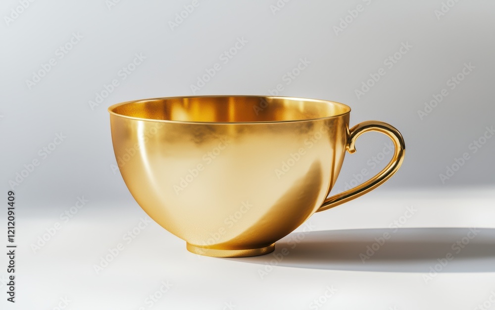 Elegant golden cup mockup with detailed handles, displayed on a simple white background Elegant golden cup mockup with detailed handles, displayed on a simple white background