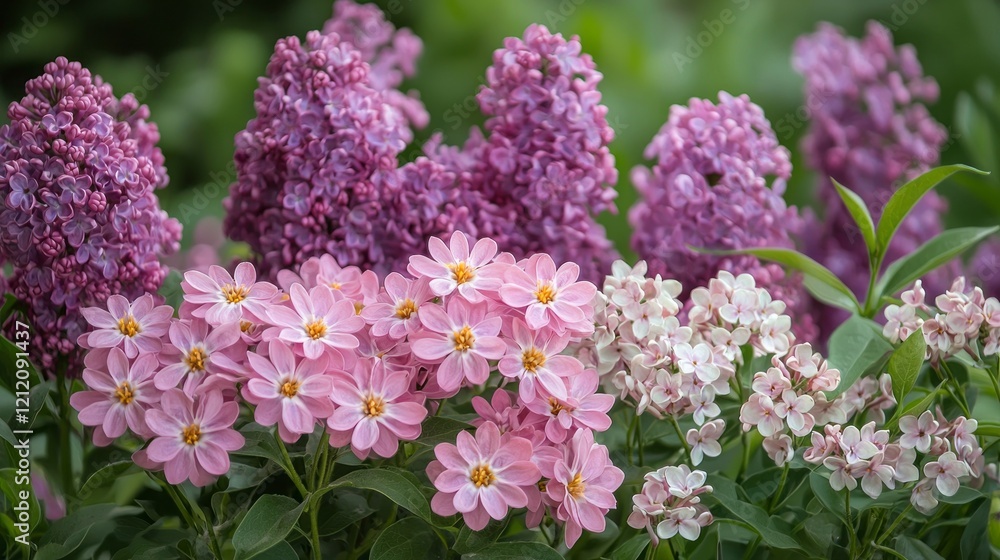 Colorful blooms of lilac and delicate pink flowers create a breathtaking display in a sunlit meadow, celebrating the abundance of spring. Nature thrives in perfect harmony Colorful blooms of lilac and delicate pink flowers create a breathtaking display in a sunlit meadow, celebrating the abundance of spring. Nature thrives in perfect harmony