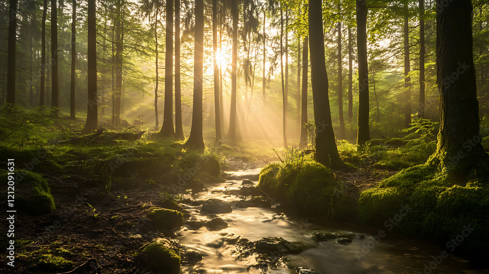 Fototapeta premium Sunbeams illuminate a misty forest stream at dawn.