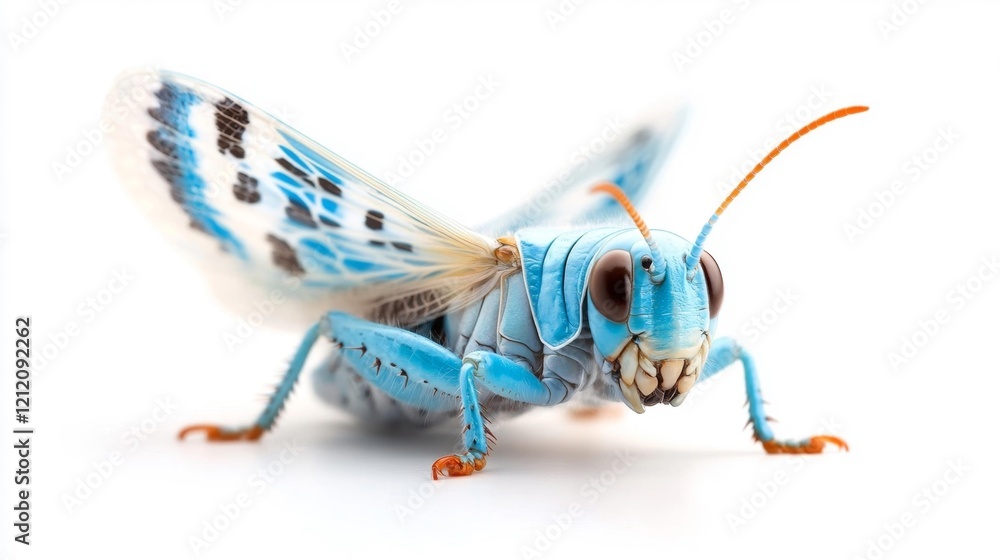 Fototapeta premium Vivid Blue Grasshopper Detailed Isolation on White. Generative AI
