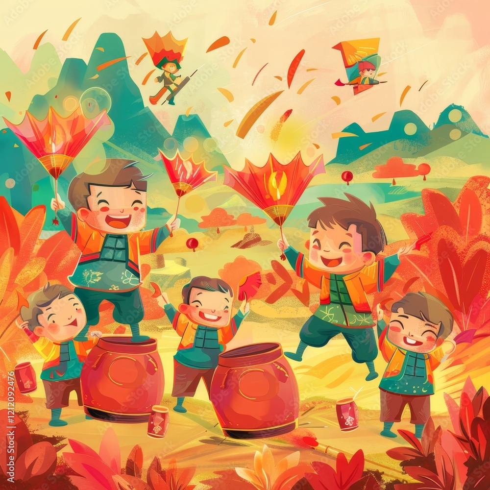 Five children are playing with lanterns and fireworks in a colorful landscape. Five children are playing with lanterns and fireworks in a colorful landscape.
