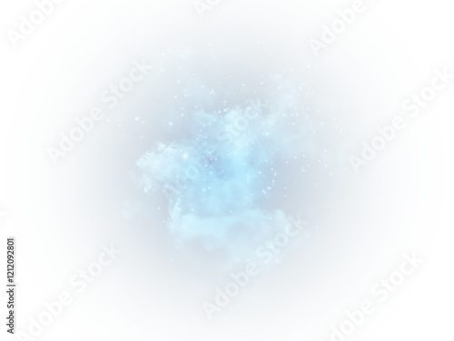 Dreamy blue fog intertwined with sparkling glitter and tiny star-like particles, creating a magical atmosphere. A touch of glowing blue vapor and celestial stardust enhances the surreal beauty on a da