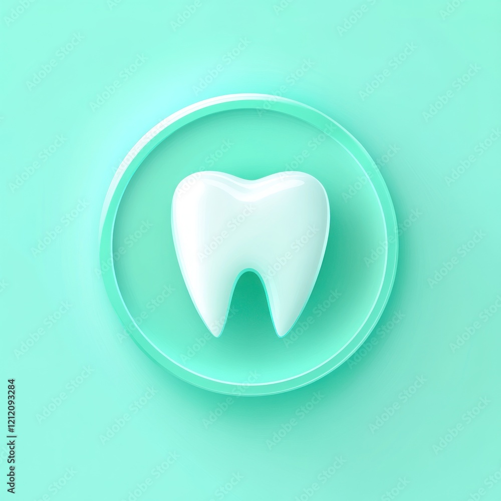Mint background, 3D tooth icon, circle, dental care Mint background, 3D tooth icon, circle, dental care