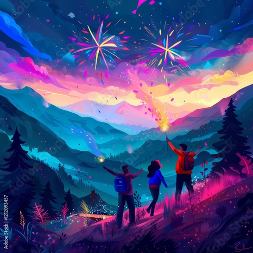 Three friends watch fireworks exploding over a mountain range at sunset.