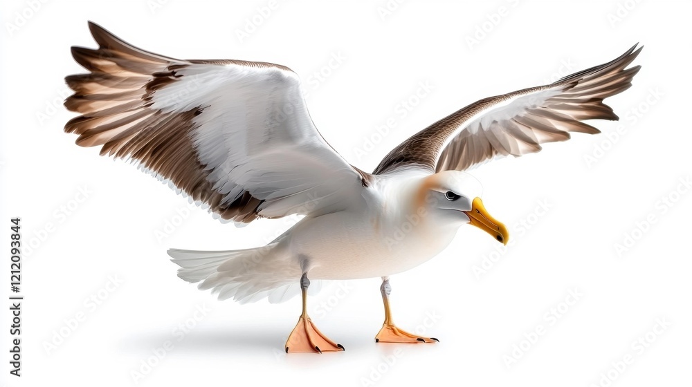 Obraz premium Seagull Standing with Wings Open on White Background. Generative AI