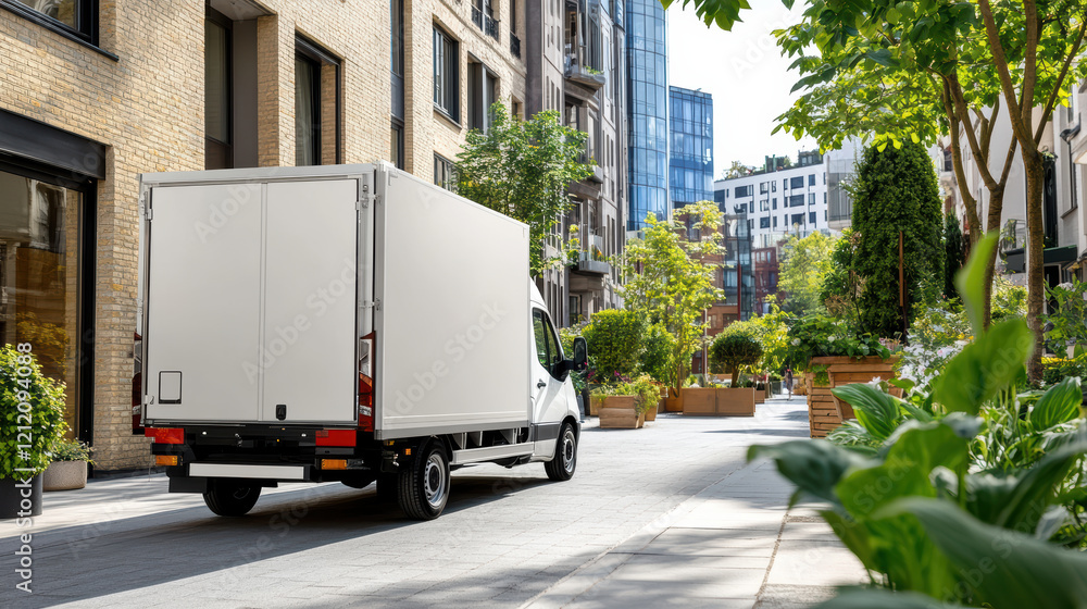 delivery truck parked in busy urban area surrounded by greenery