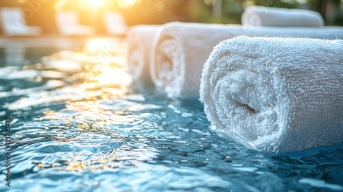 Rolled towels float poolside. Sunset, sunbeds behind photo