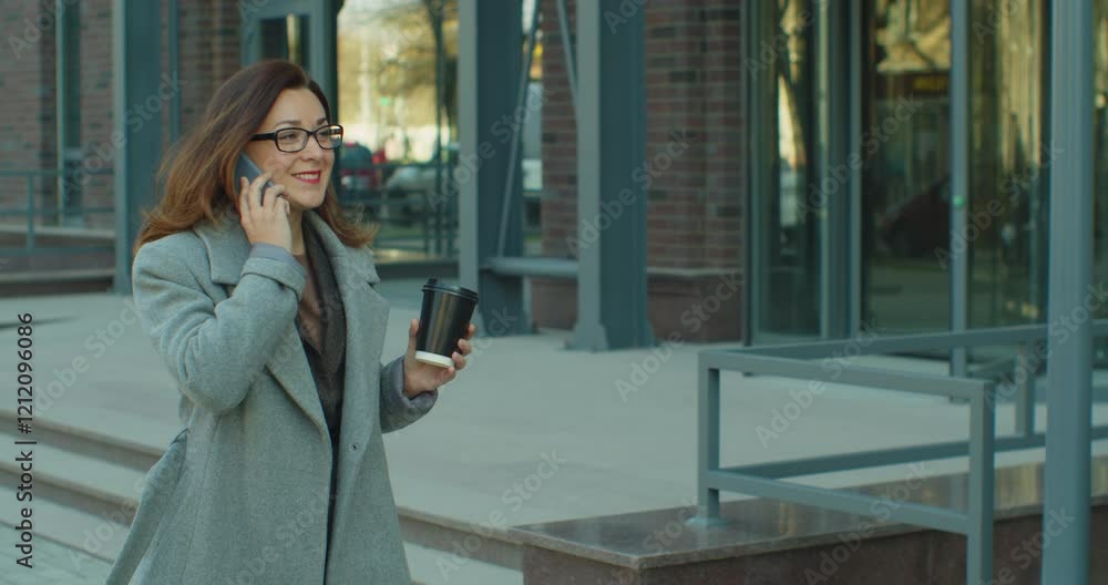 Woman in the glasses goes near business center with documents and talks on the phone. Successful female executive at work. Woman in the glasses goes near business center with documents and talks on the phone. Successful female executive at work.