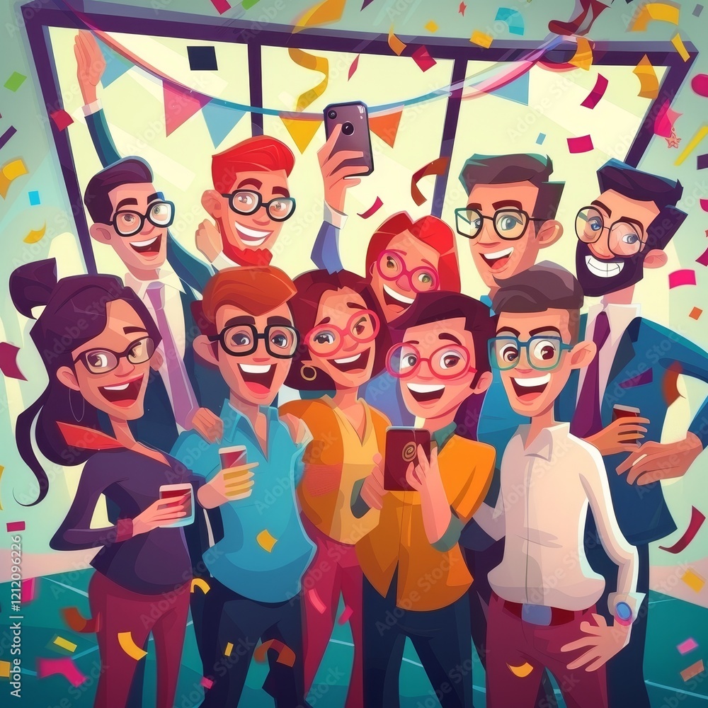 Fototapeta premium A group of diverse office workers celebrating a party with confetti, drinks, and taking selfies together.