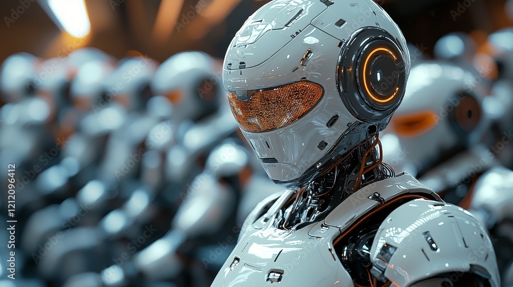 Fototapeta premium A futuristic lineup of humanoid robots showcasing advanced technology and design in a modern industrial setting