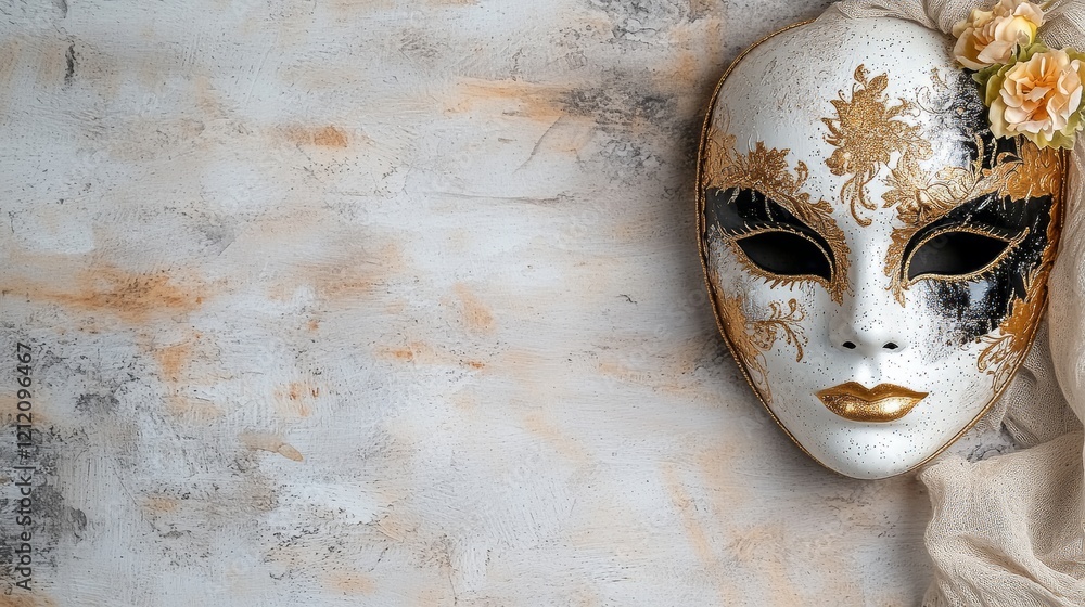 A Captivating White Mask Adorned with a Beautiful Flower Perfect for Carnival Celebrations and Festivities A Captivating White Mask Adorned with a Beautiful Flower Perfect for Carnival Celebrations and Festivities