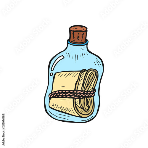 Cartoon-drawn paper message inside glass bottle vector illustration.