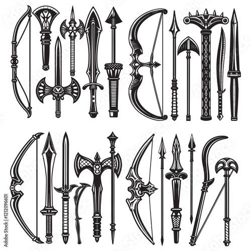 RPG weapon icon set, vector fantasy game sword collection, dungeon dragon battle attack object kit: magic sorcerer staff, warrior dagger, medieval bow, arrow, and character equipment. 