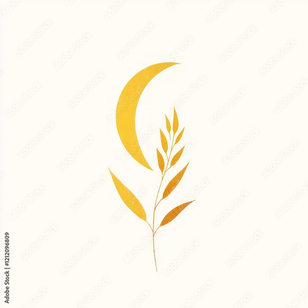 Yellow moon with golden plant on beige backdrop for nature and mystic themed projects Yellow moon with golden plant on beige backdrop for nature and mystic themed projects