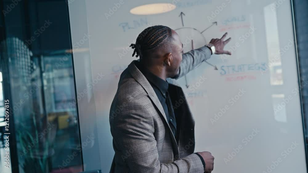 Professional speaker explaining artificial intelligence strategy and goals in a modern office setting. Concept of business presentations, innovation, and team collaboration Professional speaker explaining artificial intelligence strategy and goals in a modern office setting. Concept of business presentations, innovation, and team collaboration