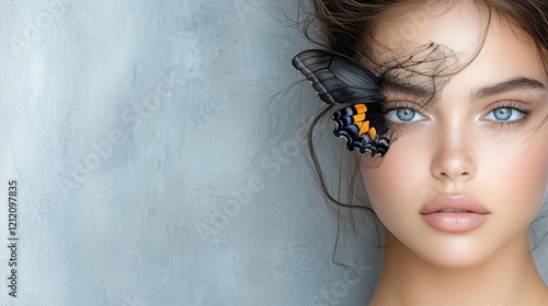 Enchanting Carnival Moments: A Woman Captivated by a Beautiful Butterfly Gracefully Perched on Her Face, Symbolizing Transformation and Joy