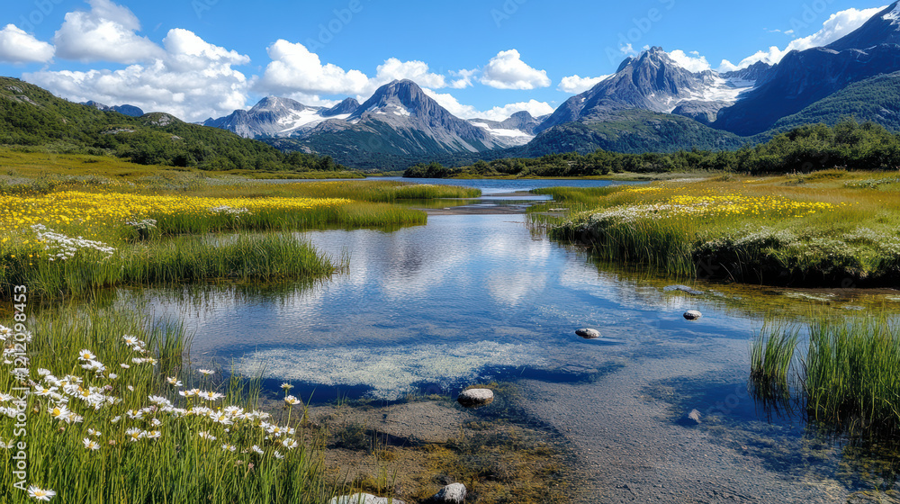 serene lake surrounded by mountains and wildflowers, reflecting nature beauty serene lake surrounded by mountains and wildflowers, reflecting nature beauty