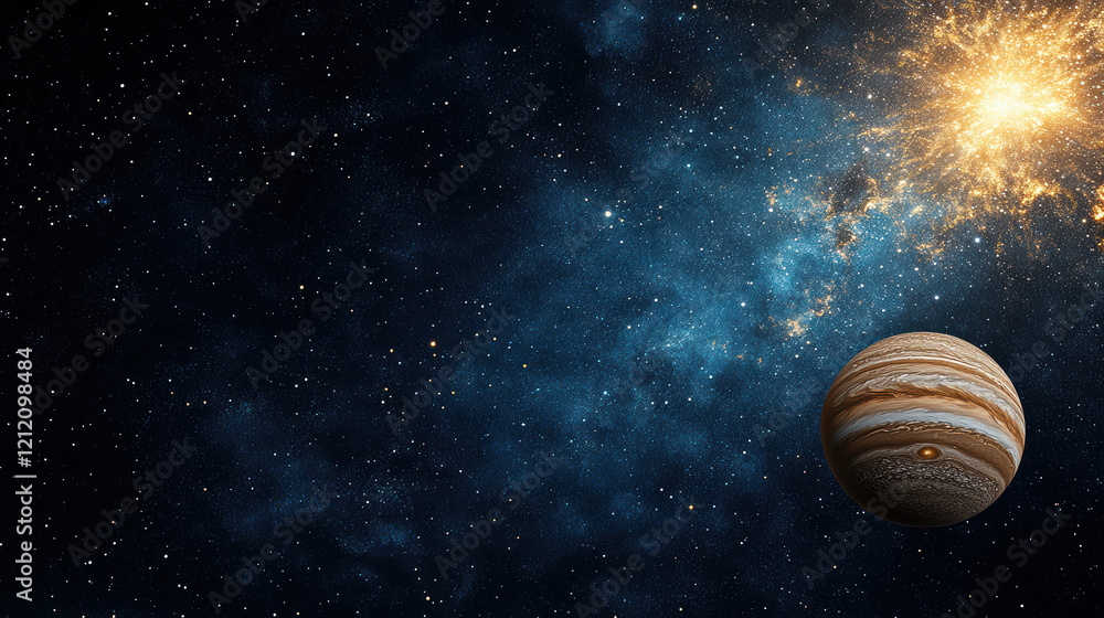 stunning space scene featuring planet, stars, and glowing sun stunning space scene featuring planet, stars, and glowing sun