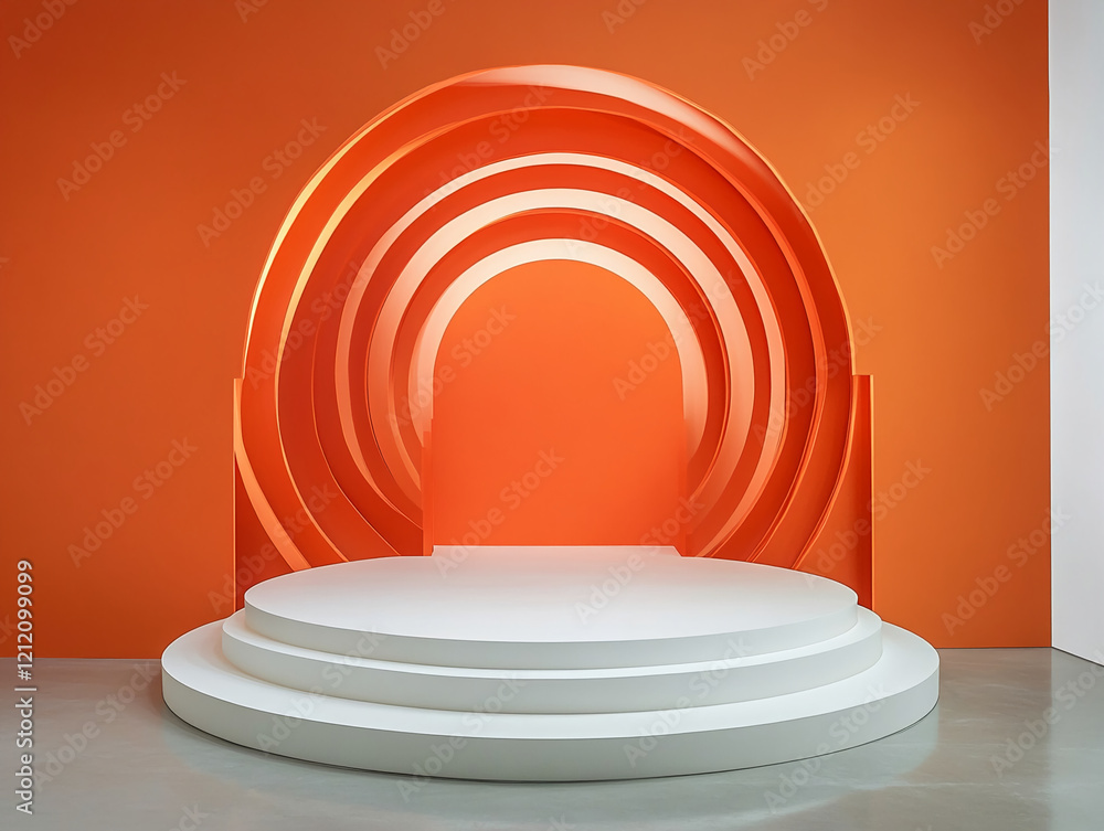 Fototapeta premium White Tiered Podium with Orange Arch Patterned Background for Product Display