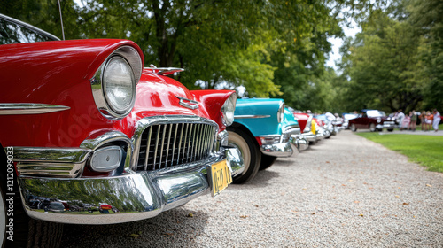 Classic vintage cars lined up at car show, showcasing vibrant colors and chrome details photo