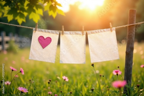 Three blank fabric squares hang on a clothesline in a sunlit meadow, one adorned with a felt heart, evoking a sense of serenity and simple joy.