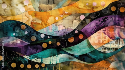 Very stylish creative abstract background painted with watercolor paints, drawing with paint spots, geometric shapes and thin lines in the form of a grid, art artistic pattern