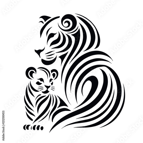 A black and white silhouette of tigress with tiger cub, minimalist stroke lines, minimalist art, vector, isolated, transparent background