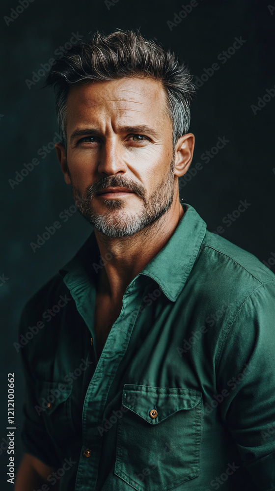Handsome 50s mid age physically fit senior man model dark hair smiling mature stylish beard close up green festive shirt face well groomed skincare fitness St. Patricks Day party background Handsome 50s mid age physically fit senior man model dark hair smiling mature stylish beard close up green festive shirt face well groomed skincare fitness St. Patricks Day party background
