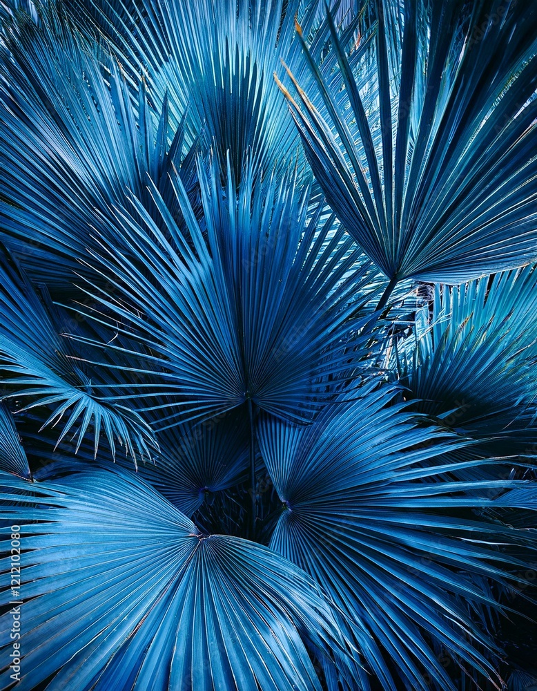 Fototapeta premium Blue palm leaves background. Blue monday concept. Generated image