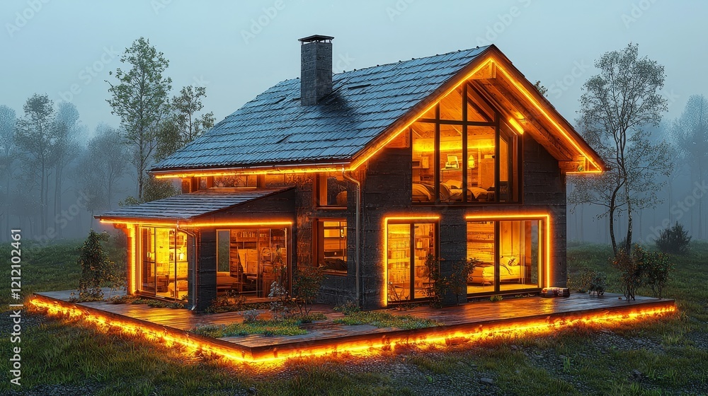 Fototapeta premium A beautifully illuminated modern house nestled in a misty forest, showcasing natural elements and cozy ambiance