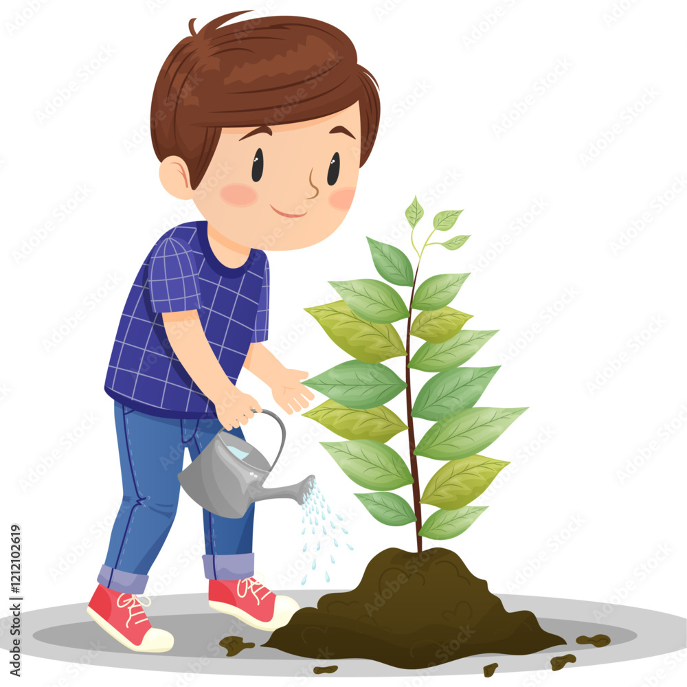vector illustration of a boy with a watering can watering a small tree vector illustration of a boy with a watering can watering a small tree