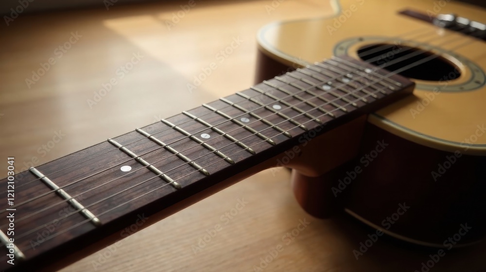 Fototapeta premium Close-up View of Acoustic Guitar Neck and Frets, Showing Intricate Detail of Wood Grain and Metal Strings