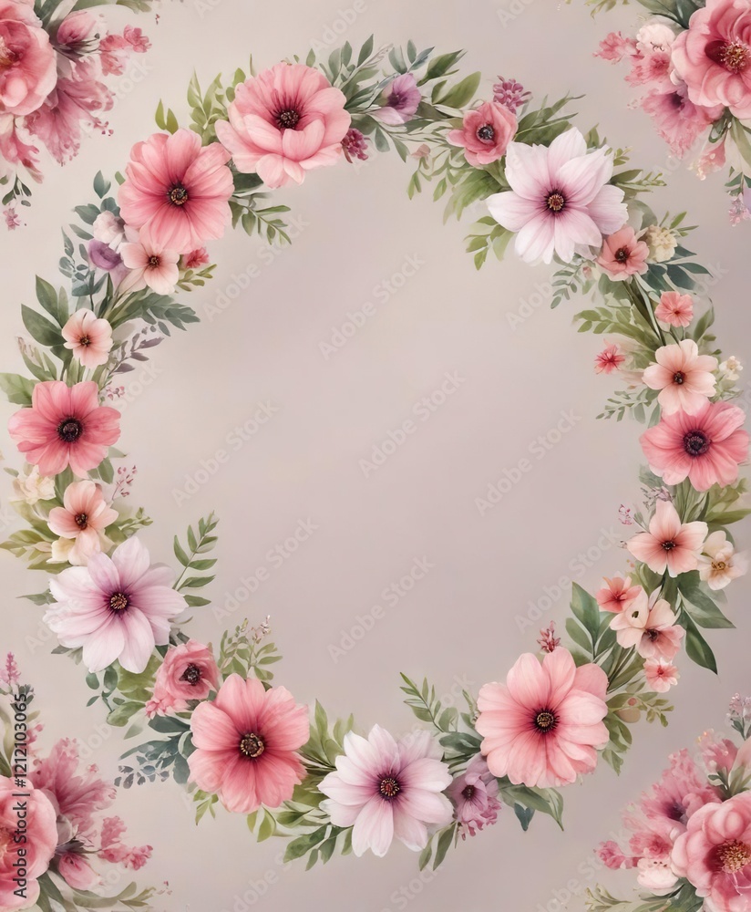 Obraz premium Feminine floral wreath made of watercolor flowers, fresh and vibrant, botanical illustration, decoration