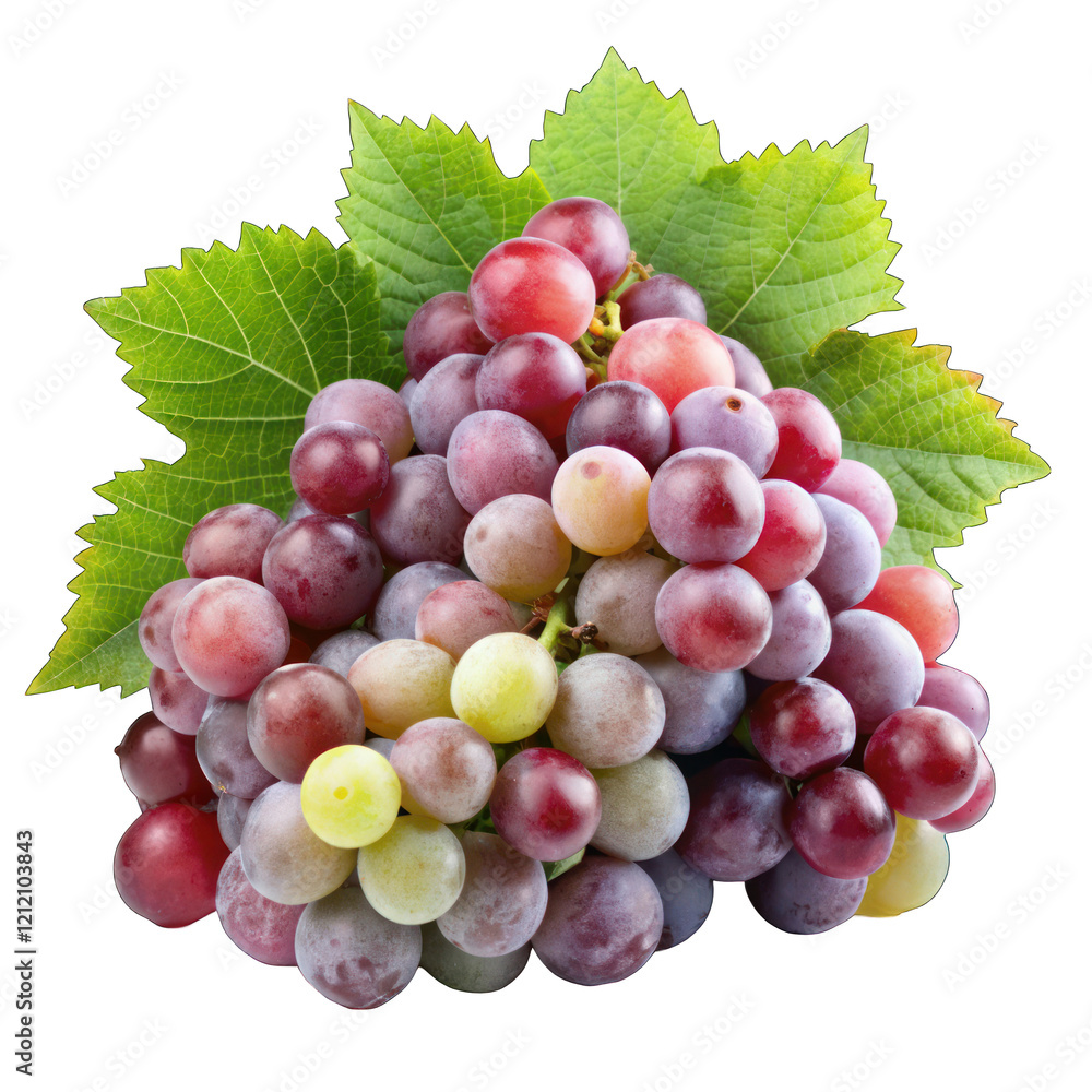 Fototapeta premium Fresh Red Grapes with Green Leaves Bunch Healthy Food vine wine ripe diet farm fruit sweet juicy 