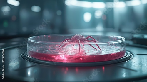 Spider in a petri dish with colored substance. photo