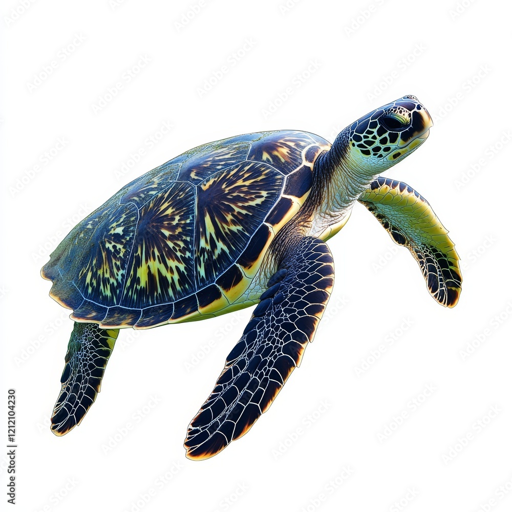 Fototapeta premium Sea Turtle Isolated on White Background, Symbol of Marine Wildlife Conservation, Ocean Ecosystems, and Endangered Species Awareness.