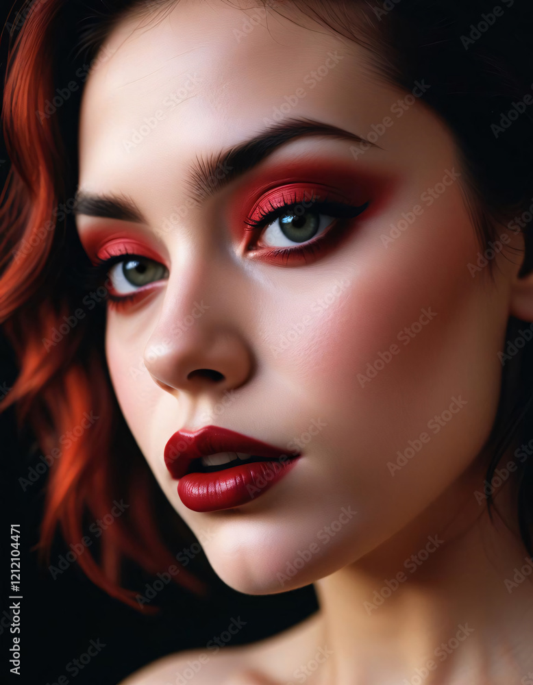 Fototapeta premium Intense Bold Makeup with Cherry Red Lipstick and Smoky Eyes