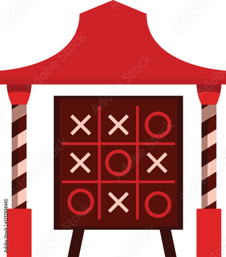 Large tic tac toe board displayed under a red awning, inviting players to a fun outdoor game