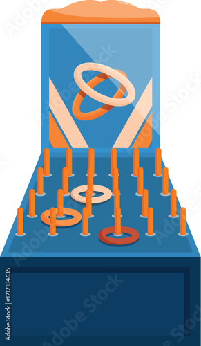 Ring toss game with orange rings and pegs on a blue box, a classic amusement park attraction