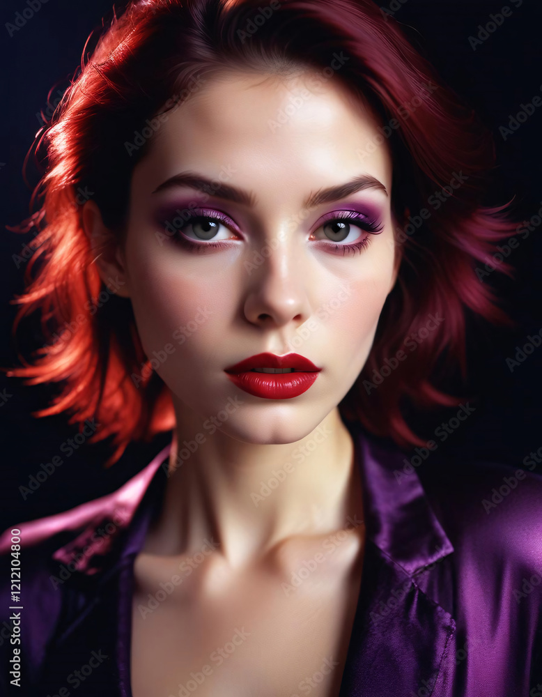 Fototapeta premium Cherry Red Lipstick with Smoky Eyeshadow in Bold Close-Up