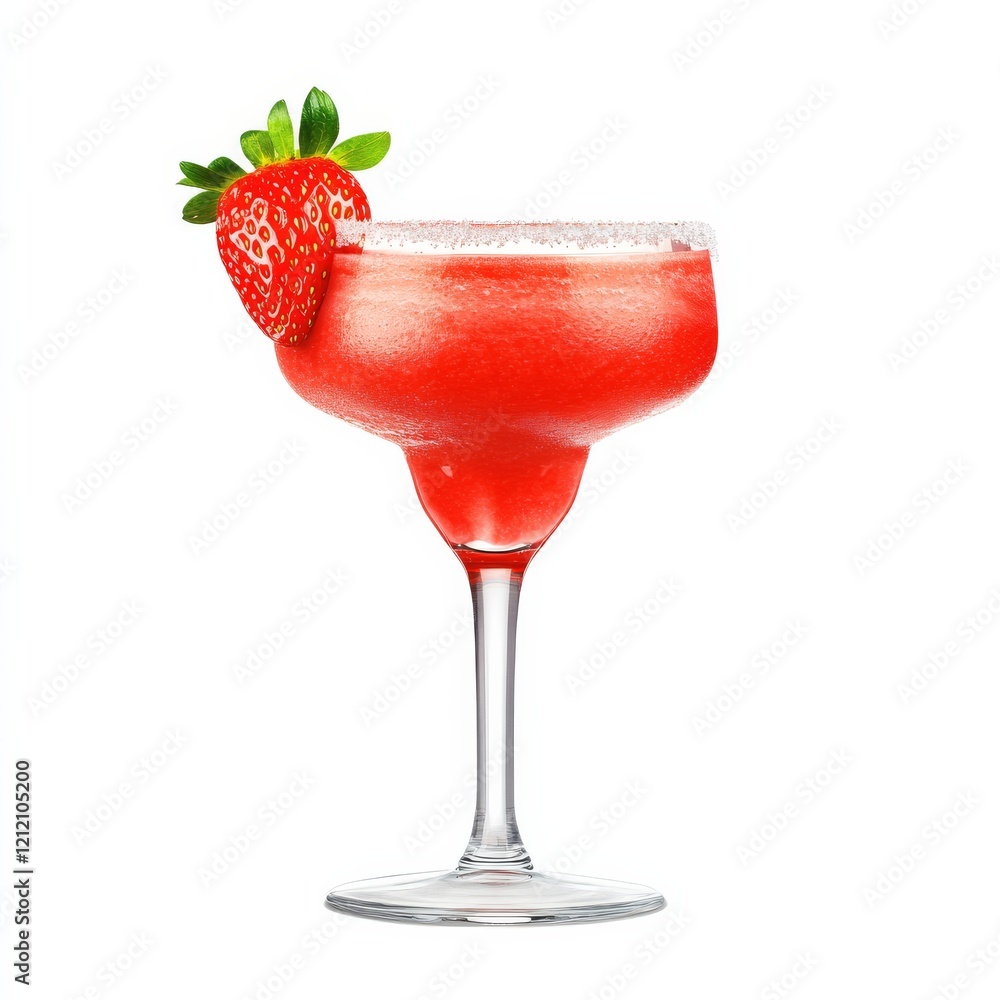 A vibrant daiquiri with a fresh strawberry on the rim, bright red with frosty surface, isolated white background A vibrant daiquiri with a fresh strawberry on the rim, bright red with frosty surface, isolated white background