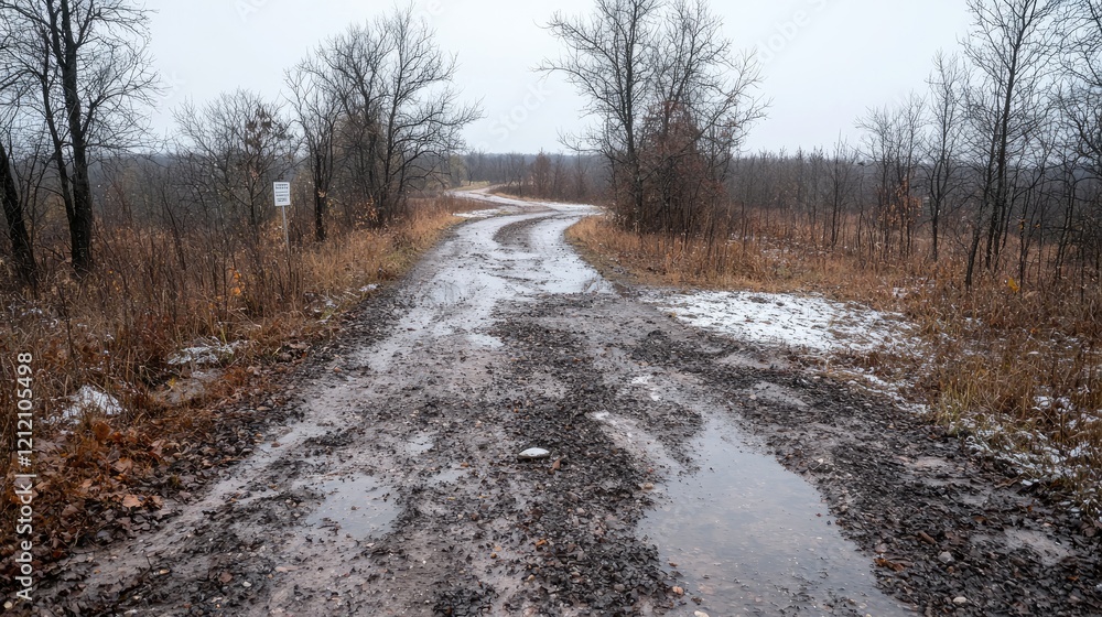 Muddy road curves through autumn woods, light snow; nature, travel Muddy road curves through autumn woods, light snow; nature, travel
