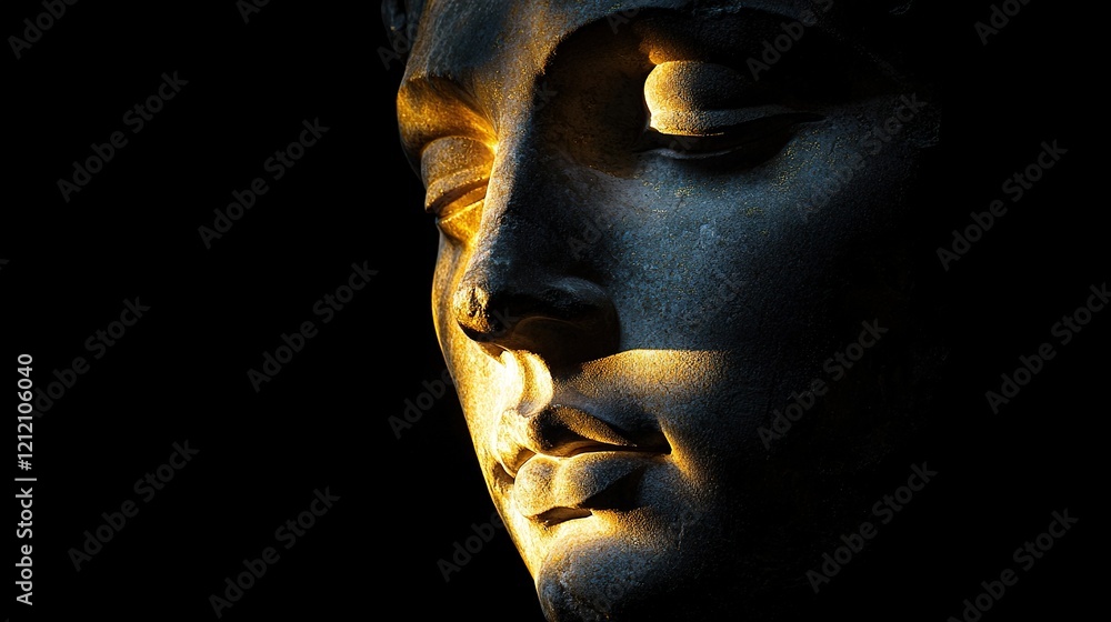 Marble sculpture face of Augustus illuminated with golden highlights in shadows Marble sculpture face of Augustus illuminated with golden highlights in shadows